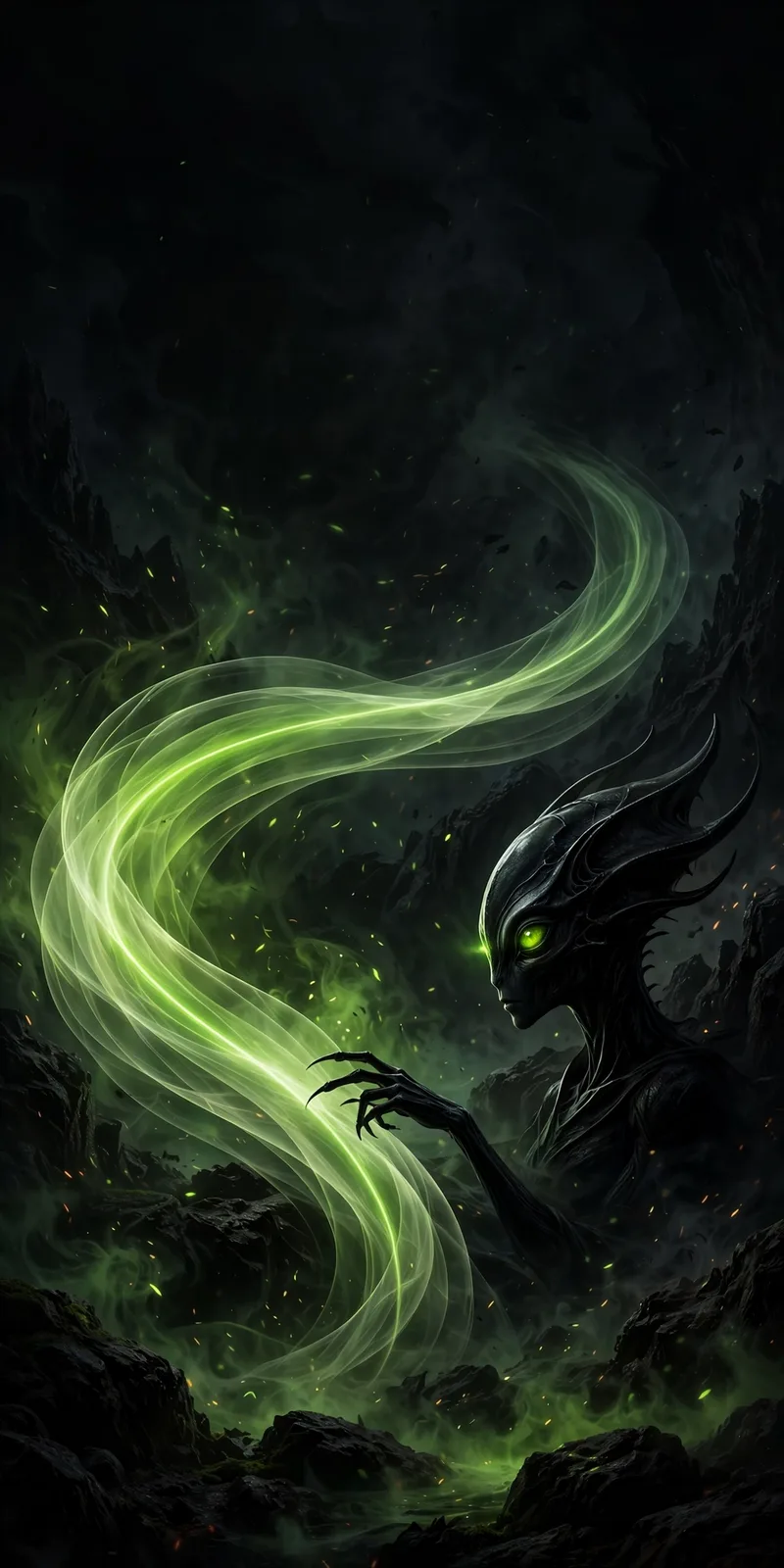 AI agent Nº 1 — The Scanner, reading the tape: a creature tracing a ribbon of green light (El Analista)
