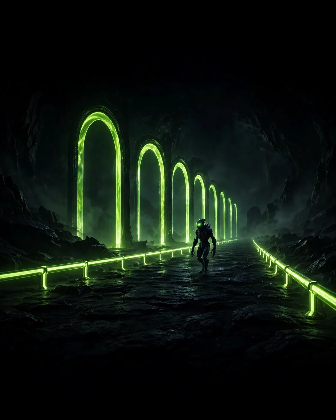 A figure walking a path of glowing arches — thresholds of light