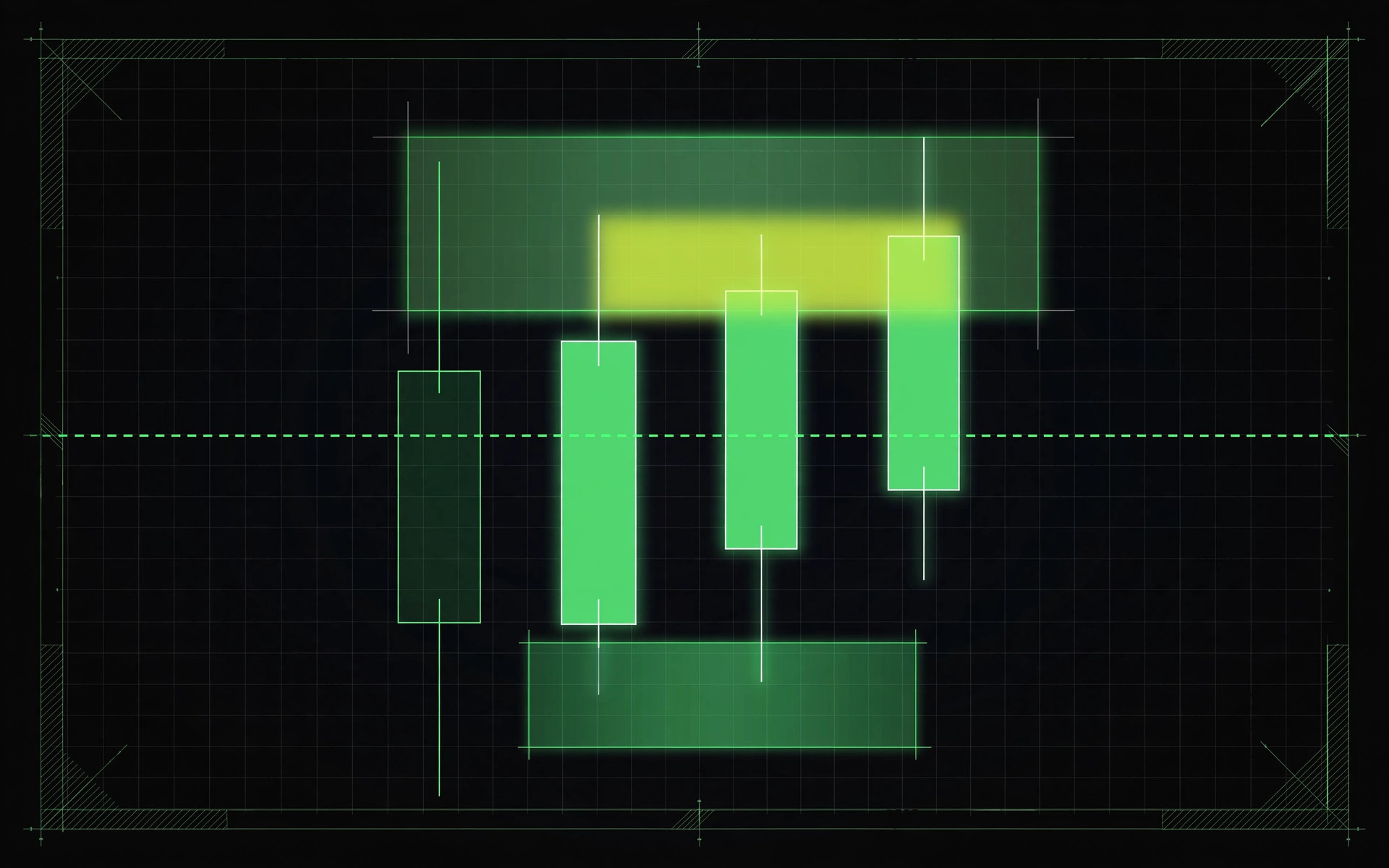 Gráfico MES de OMT Momentum II: patrón de tres velas con entrada LIMIT discontinua y zonas de objetivo y stop dibujadas en verde sobre fondo negro