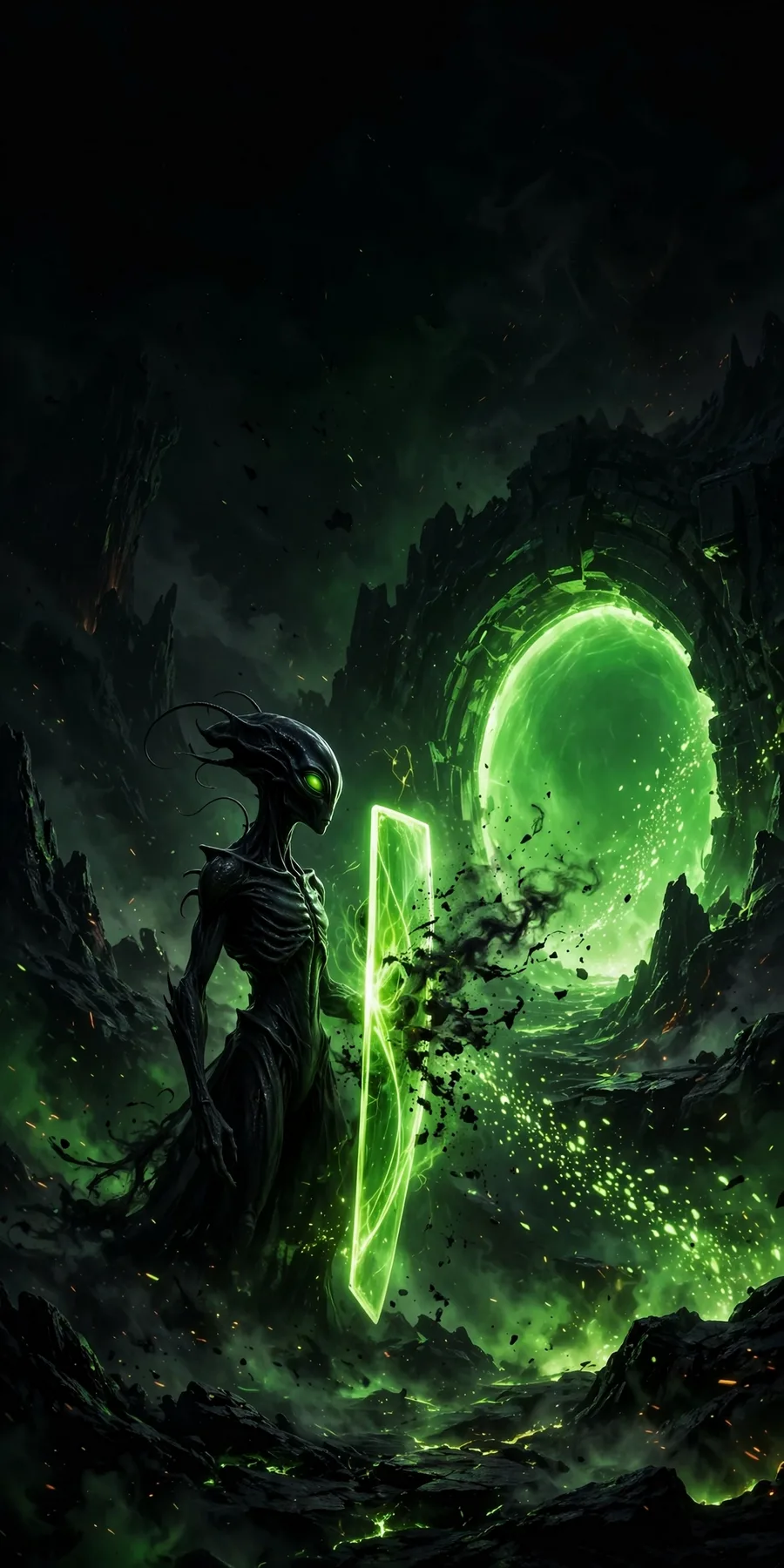 The Guardian sentinel, half in shadow, its portal of green light waking