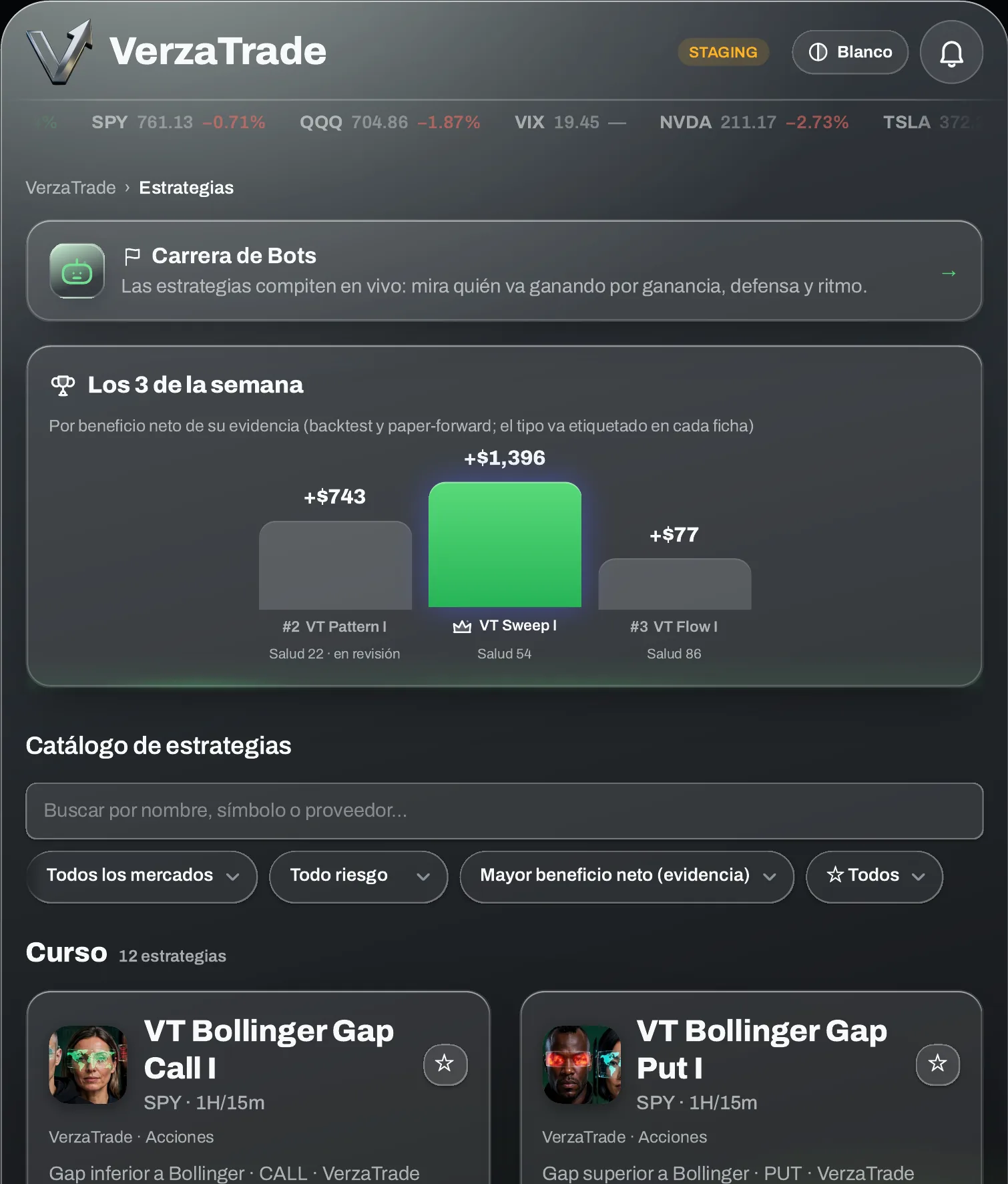 El catálogo de estrategias de VerzaTrade ordenado por familias, con la carrera de bots y la ficha de cada estrategia